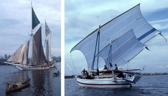 LEFT: Pinisi trading ship on the Barito River, S.E.Kalimantan, 1983. RIGHT: Patorani fishing boat, Makassar Harbour 1985. Photographs: Jeffrey Mellefont.
