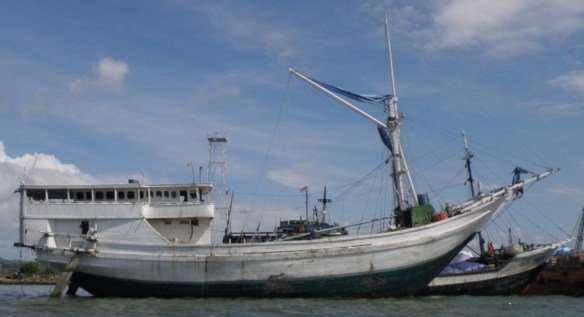 Motorised traders that developed from the 20th-century sail-powered pinisi haul mixed cargos, servicing remoter island ports. Photograph: Jeffrey Mellefont, Bima harbour, Sumbawa 2011.
