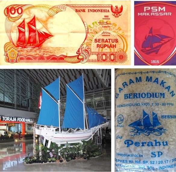 Pinisi as a national icon: 100 Rupiah bank note; football club trademark; 1:5 scale model at Makassar international airport; sea salt packaging. Photographs: Jeffrey Mellefont.