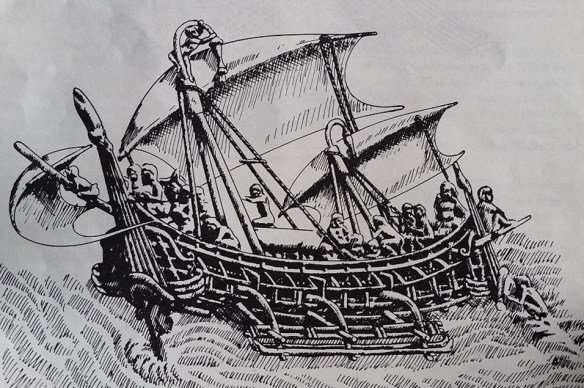 Medieval Javanese ship with tripod masts, canted rectangular sails, quarter-hung rudders, depicted in 8th-century temple frieze, Borobudur, Central Java. Drawing Chris Snoek, from The Prahu by Adrian Horridge, OUP 1981.