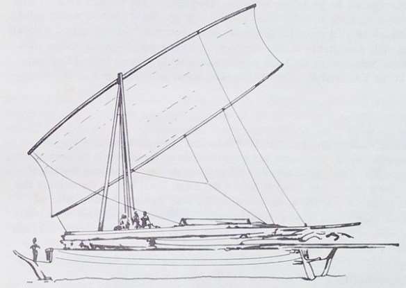 Double-ended Bugis-Makassan pajala-style ship with tripod masts and canted rectangular sails (some of them lowered and stowed on deck), as well as quarter-hung rudders. William Westall, Arnhem Land (Northern Australia), 1803.