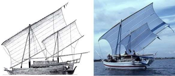 Continuity of boat-building traditions. LEFT: Study for replica of a 19th-century padewakang, Nick Burningham 1987 Northern Territory Museum. RIGHT: Patorani, a Makassan offshore fishing vessel 1985. Photograph: Jeffrey Mellefont.